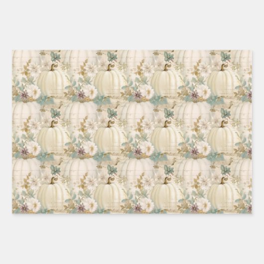 ホワイトパンプキンズアクアブルー秋ウォーターカラー花模様 ラッピングペーパーシート (正面2)