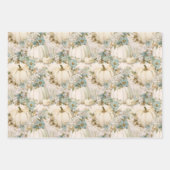 ホワイトパンプキンズアクアブルー秋ウォーターカラー花模様 ラッピングペーパーシート (正面)