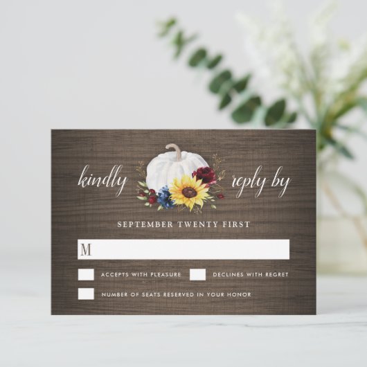 ホワイトパンプキンヒマワリバラ金ゴールド秋の結婚式 出欠カード (スタンド正面)