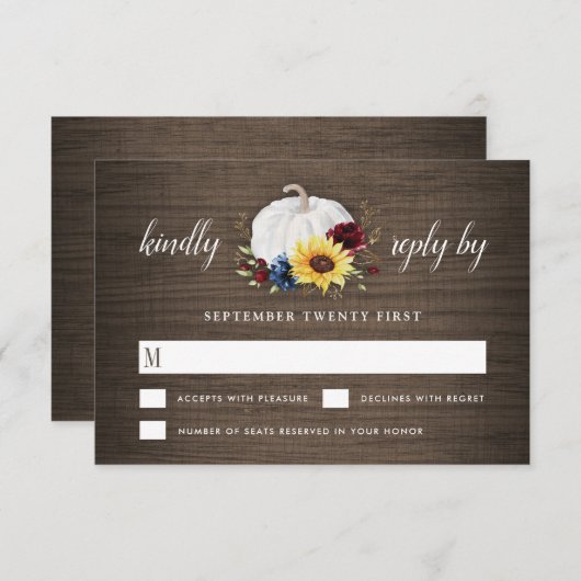 ホワイトパンプキンヒマワリバラ金ゴールド秋の結婚式 出欠カード (正面/裏面)