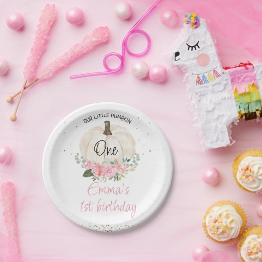 ホワイトパンプキンピンクフローラガールズ1st誕生日プレート ペーパープレート (パーティー)