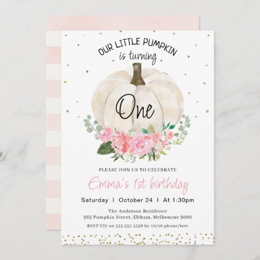 ホワイトパンプキンピンクフローラガールズ1st誕生日 招待状 (正面/裏面)