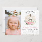 ホワイトパンプキンピンクフローラ写真1st誕生日 招待状 (正面)