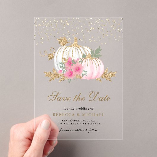 ホワイトパンプキンピンクフローラ結婚式の日付を保存 アクリル招待状 (インサイチュ (ポータブル))