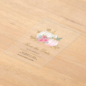 ホワイトパンプキンピンクフローラ結婚式の日付を保存 アクリル招待状 (レイダウン)