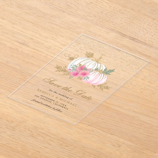 ホワイトパンプキンピンクフローラ結婚式の日付を保存 アクリル招待状 (レイダウン)