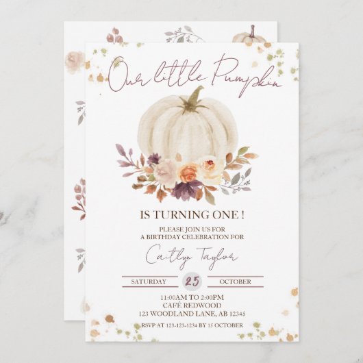 ホワイトパンプキンファースト誕生日、秋1歳 招待状 (正面/裏面)