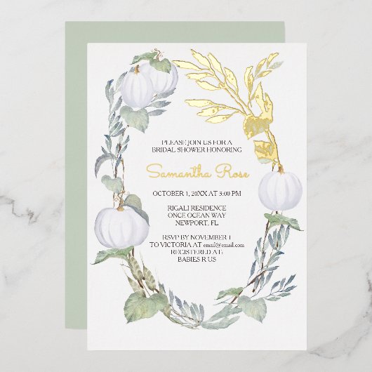 ホワイトパンプキンブライダルシャワーグリーン離れズ 箔招待状 (正面/裏面)