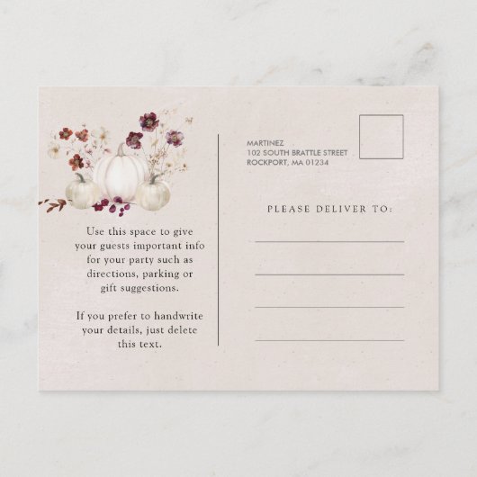 ホワイトパンプキンブルガンディワイルドフラワー18誕生日 インビテーションポストカード (裏面)