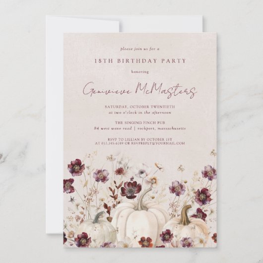 ホワイトパンプキンブルガンディワイルドフラワー18誕生日 招待状 (正面)