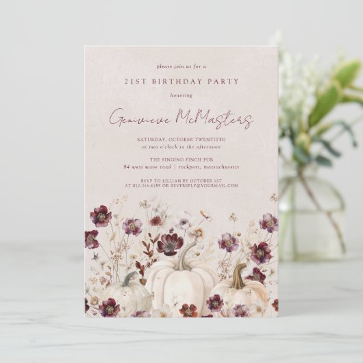 ホワイトパンプキンブルガンディ野花21歳の誕生日 招待状 (スタンド正面)