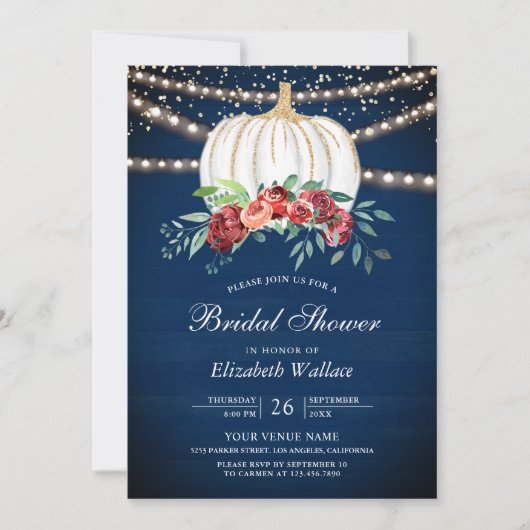 ホワイトパンプキンブルゴーニュフローラネイビーブライダルシャワー 招待状 (正面)