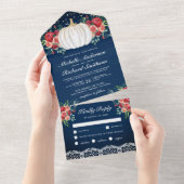 ホワイトパンプキンブルゴーニュフローラネイビーブルー結婚ズ オールインワン招待状 (貼ってはがせる)