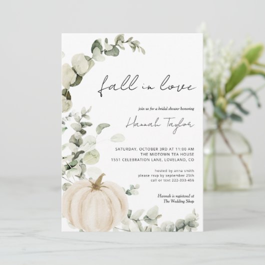 ホワイトパンプキンユーカリ秋ブライダルシャワー 招待状 (スタンド正面)