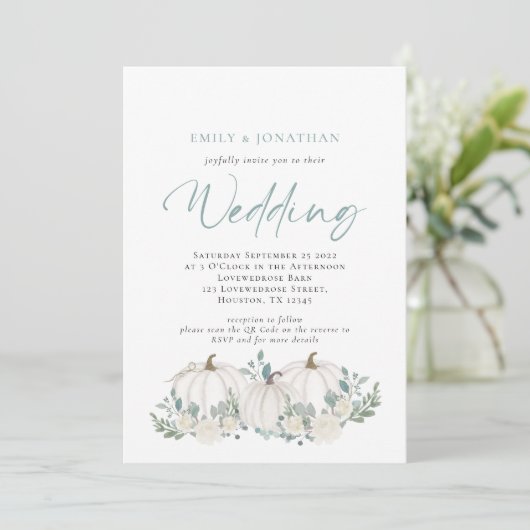 ホワイトパンプキン ティールグリーンのQRコード付ウェディング招待状 招待状 (スタンド正面)