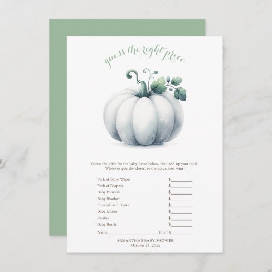 ホワイトパンプキン 価格当てゲーム カード - 秋のベイビーシャワー (正面/裏面)