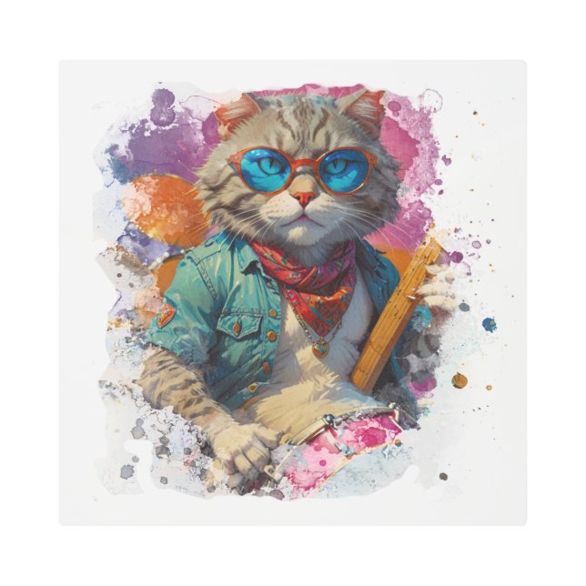 *~*ホワイトパーカッショニストクール猫AP91ドラマー メタルプリント (正面)