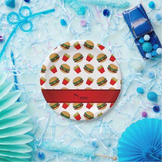 ホワイトパーソナライズされた・ハンバーガー・フライドポテトの名前 ペーパープレート (パーティー)