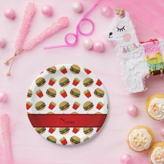 ホワイトパーソナライズされた・ハンバーガー・フライドポテトの名前 ペーパープレート (パーティー)