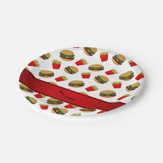 ホワイトパーソナライズされた・ハンバーガー・フライドポテトの名前 ペーパープレート (アングル)