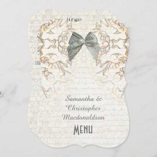 ホワイトパーチメントレースのフィリグリーのダマスク結婚式メニュー メニュー (正面/裏面)