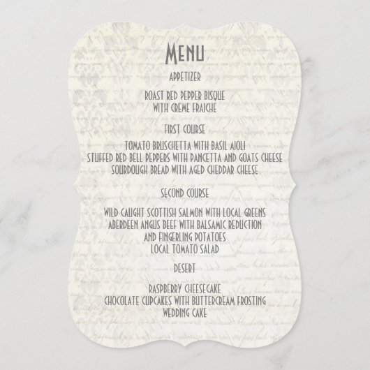 ホワイトパーチメントレースのフィリグリーのダマスク結婚式メニュー メニュー (裏面)