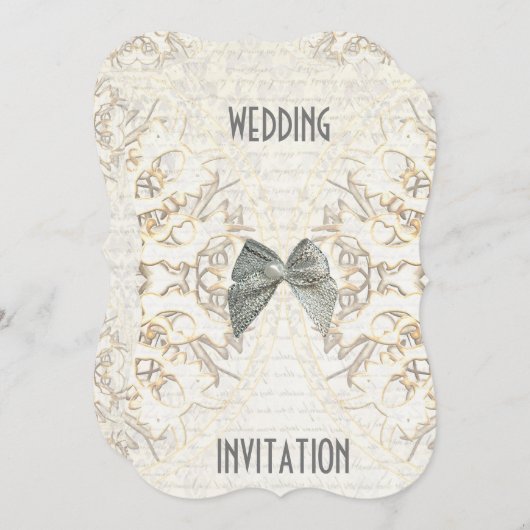 ホワイトパーチメントレース紙カットダマスク結婚式 招待状 (正面/裏面)