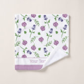 ホワイトパープかわいらしルピンクローズローズバッドフローラプリント バスタオルセット (ウォッシュタオル)