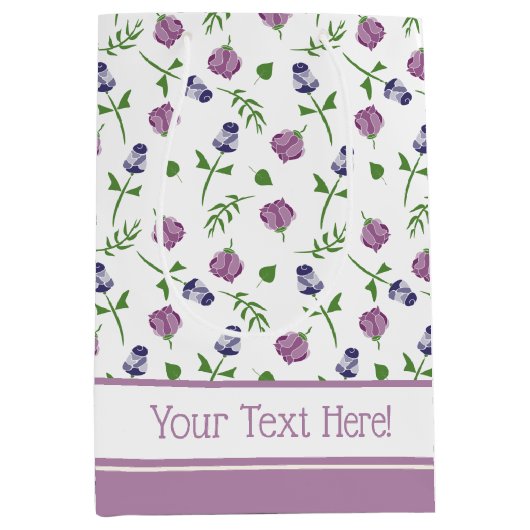 ホワイトパープかわいらしルピンクローズローズバッドフローラプリント ミディアムペーパーバッグ (正面)