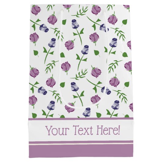 ホワイトパープかわいらしルピンクローズローズバッドフローラプリント ミディアムペーパーバッグ (裏面)