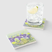 ホワイトパープルバラのバスケット水絵画色 ストーンコースター (横)