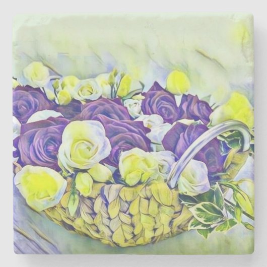 ホワイトパープルバラのバスケット水絵画色 ストーンコースター (正面)