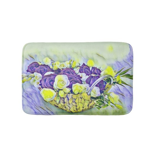 ホワイトパープルバラのバスケット水絵画色 バスマット (正面)