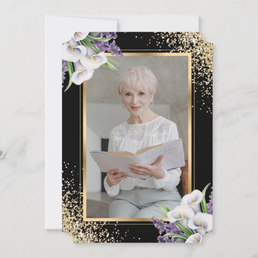 ホワイトパープルフローラフォトお祝いオブ・ライフ 招待状 (裏面)