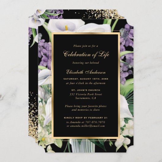 ホワイトパープルフローラフォトお祝いオブ・ライフ 招待状 (正面/裏面)