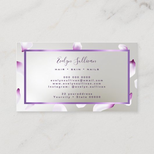 ホワイトパープル花びらホイルフェイクビジネスカード 名刺 (裏面)