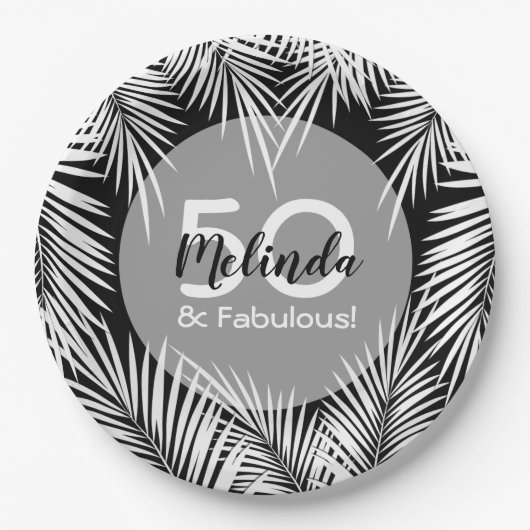 ホワイトパームズオンブラックトロピカル ペーパープレート (正面)