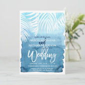 ホワイトパームツリーフロントブルーウォーター結婚カラー 招待状 (スタンド正面)