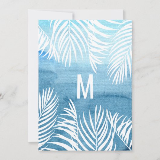 ホワイトパームツリーフロントブルーウォーター結婚カラー 招待状 (裏面)