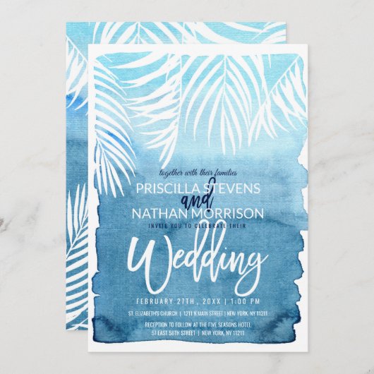ホワイトパームツリーフロントブルーウォーター結婚カラー 招待状 (正面/裏面)