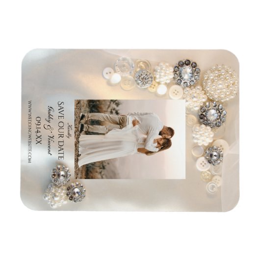 ホワイトパールダイヤモンドボタンウェディング日付を保存 マグネット (横)