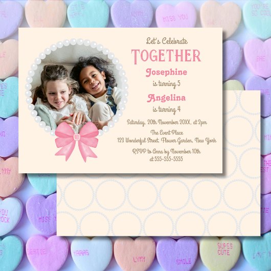 ホワイトパールピンクボウフォトガールジョイント誕生日 招待状