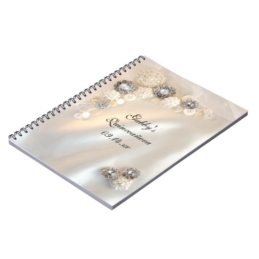 ホワイトパールフェイクダイヤモンドボタンキンセアニラ ノートブック (左側)