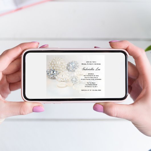 ホワイトパールフェイクダイヤモンドボタンブライダルシャワー 招待状