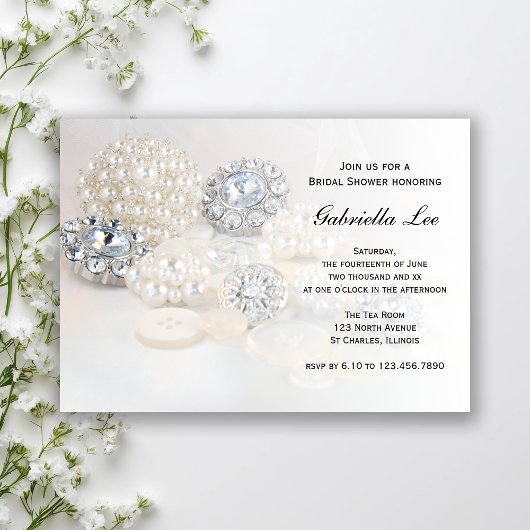 ホワイトパールフェイクダイヤモンドボタンブライダルシャワー 招待状