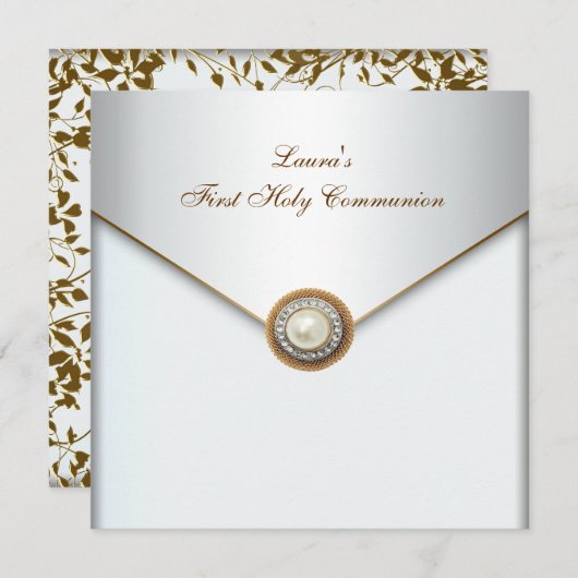 ホワイトパール金ゴールドガールズファースト聖餐式 招待状 (正面/裏面)