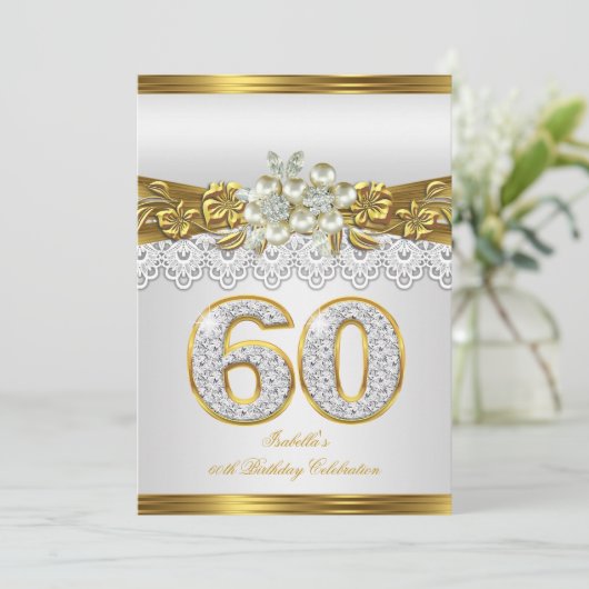 ホワイトパール金ゴールドレースフローラ60thバースデーパーティー 招待状 (スタンド正面)
