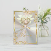 ホワイトパール2上の鳩、ハート、金ゴールドフレーム 招待状 (スタンド正面)