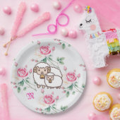 ホワイトヒツジとベビー子羊とバラモノグラム ペーパープレート (パーティー)