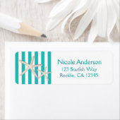 ホワイトヒトデティール（緑がかった色）ターコイズストライプのビーチ ラベル (インサイチュ)